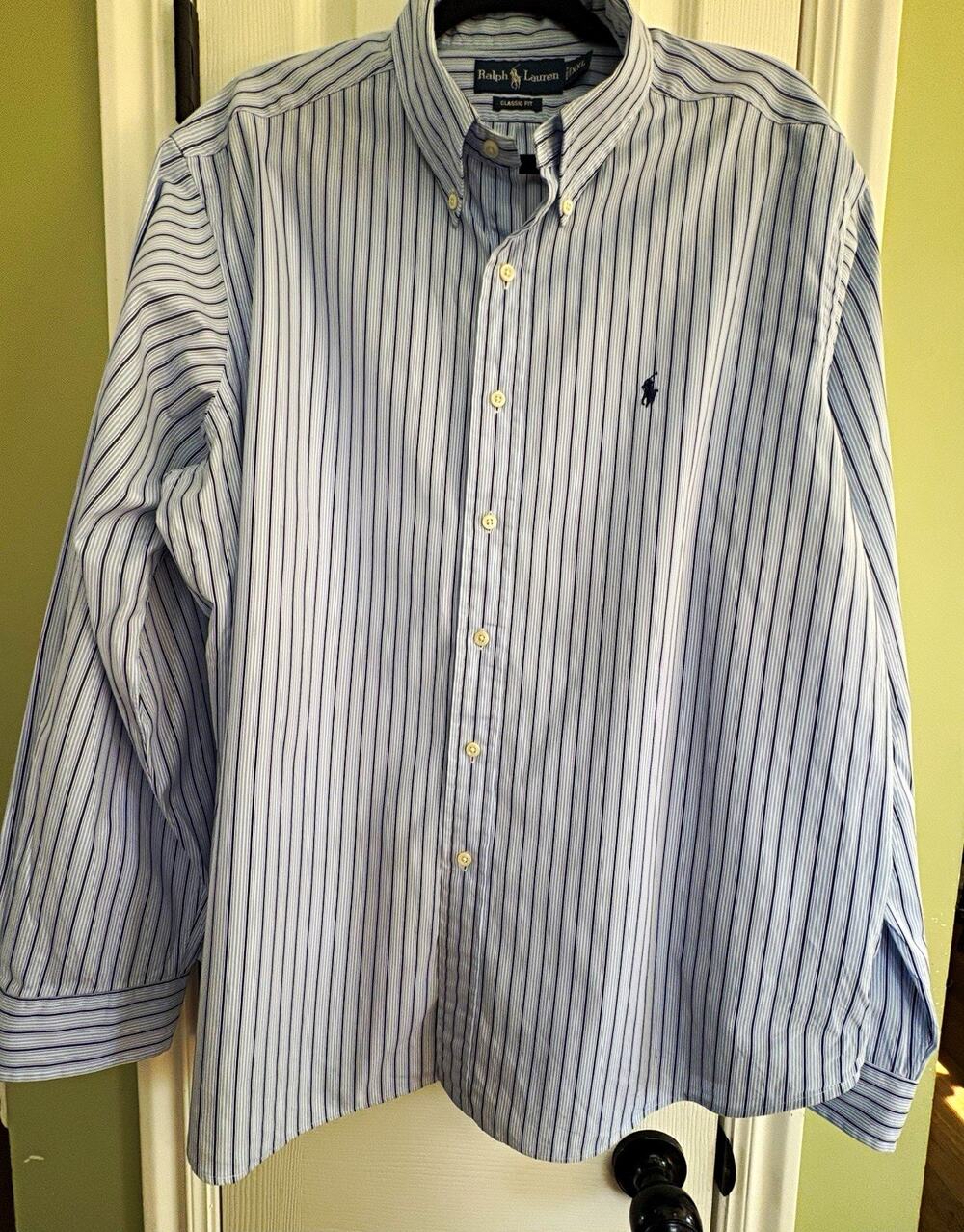 Ralph Lauren Classic Fit 2XL Blue/White Striped Button-Down Dress Shirt
